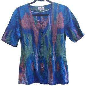 Legong the Art of Satik Kaleidoscope Blue Iridescent womens button up top L Bali